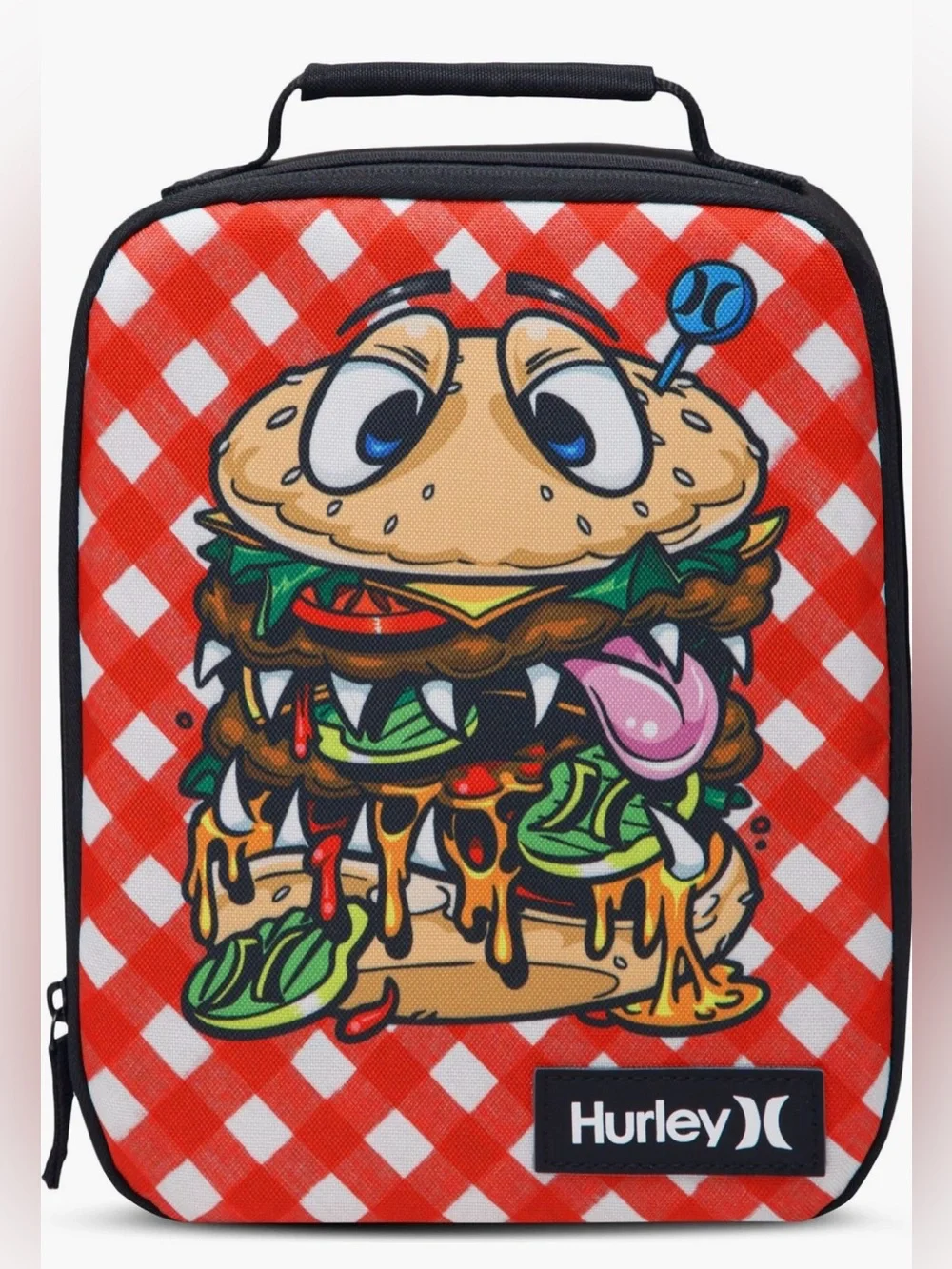 Hurley Boys Graphic Insulated Lunch Box Bag Burger Monster Red Gingham NWT